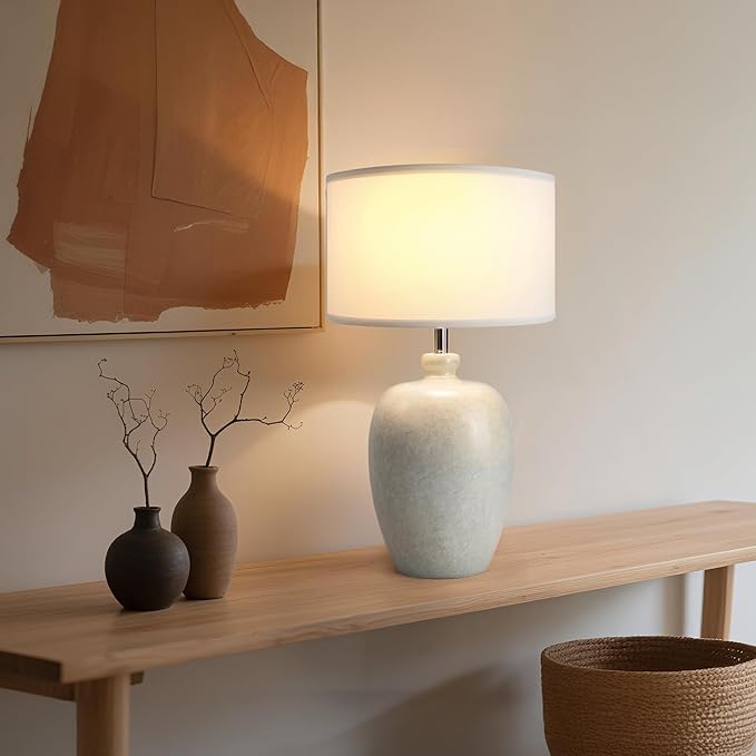 WJShome 27" Farmhouse Ceramic Table Lamp with Unique Ice Pattern Effect and White Linen Shade - Perfect for Bedroom, Living Room, Dining, and Office! (Bulb Not Included)
