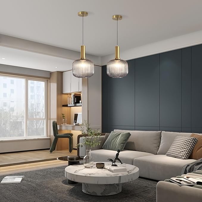 KCO Lighting Mid Century Smoke Glass Pendant Light Antique Brass Kitchen Island Pendant Lighting Modern Striped Glass Globe Hanging Light Large Industrial Pendant Light Fixture
