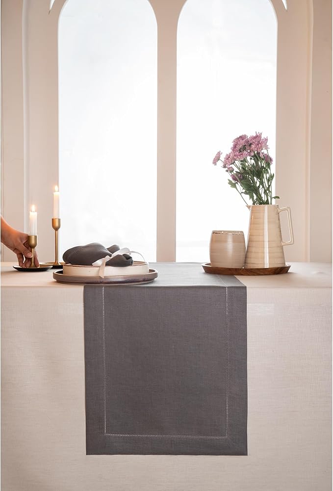 D'Moksha Homes Linen Charcoal Grey Table Runner 36 Inches - 100% Pure Linen Small Table Runner 14 x 36 Inch Ideal for Dresser, Coffee Tables, Fall and Halloween - Classic Hemstitch - Classic Hemstitch