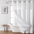 Extra Long No Hook Shower Curtain and Liner Set，Boho Style with See Through Top Window, White Fabric Tufted Striped Textured Outer Curtain with Snap in Liner, White, 71Wx86H