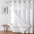 Long No Hook Shower Curtain and Liner Set,Boho Style with See Through Top Window,White Fabric Tufted Striped Textured Outer Curtain with Snap in Liner, White,71Wx80H