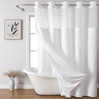 Extra Long No Hook Shower Curtain and Liner Set，Boho Style with See Through Top Window, Tufted Striped Textured Outer Curtain & Waterproof Inner Liner for Bathroom, White, 71Wx98H