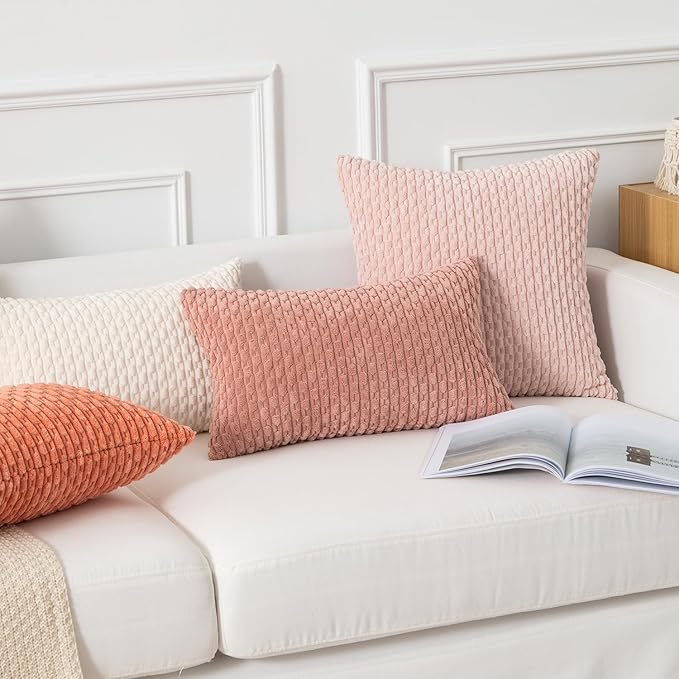 Kevin Textile Throw Pillow Covers Soft Corduroy Decorative Set of 2 Boho Striped Pillow Covers Pillowcases Valentines Day Home Decor for Couch Bed Sofa Living Room 18x18 Inch Baby Pink