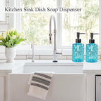 Clear Ocean Blue Glass Soap Dispenser with Plastic Pump, 2 Pack 12oz Diamond Design Bathroom Soap Dispenser for Hand Wash, Lotion Dispenser & Dish Soap Dispenser for Kitchen and Bathroom