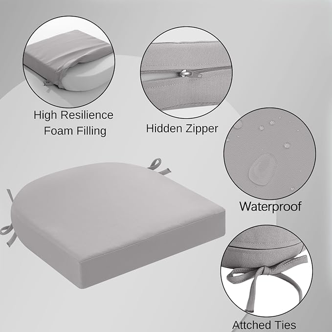 idee-home Outdoor Chair Cushions Set of 2, Thick 19" x 19" x 3" Patio Chair Cushions for Outdoor Furniture Waterproof with Ties, Seat Cushion, Chair Pads Dining Chair Grey