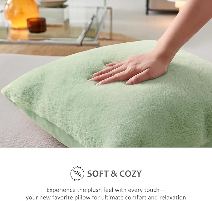 Pallene Faux Fur Plush Throw Pillow Covers 22x22 Set of 2, Soft Fluffy Couch Pillow Covers for Living Room, Sage Green