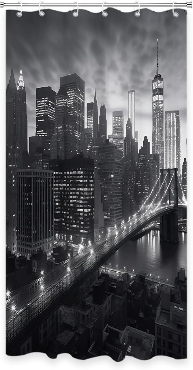NYC Manhattan Brooklyn Bridge Shower Curtain New York Skyline Building Night View Shower Curtain Set with 12 Hooks 36x72 inch Polyester Machine Washable, Grey and White
