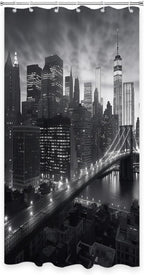 NYC Manhattan Brooklyn Bridge Shower Curtain New York Skyline Building Night View Shower Curtain Set with 12 Hooks 36x72 inch Polyester Machine Washable, Grey and White