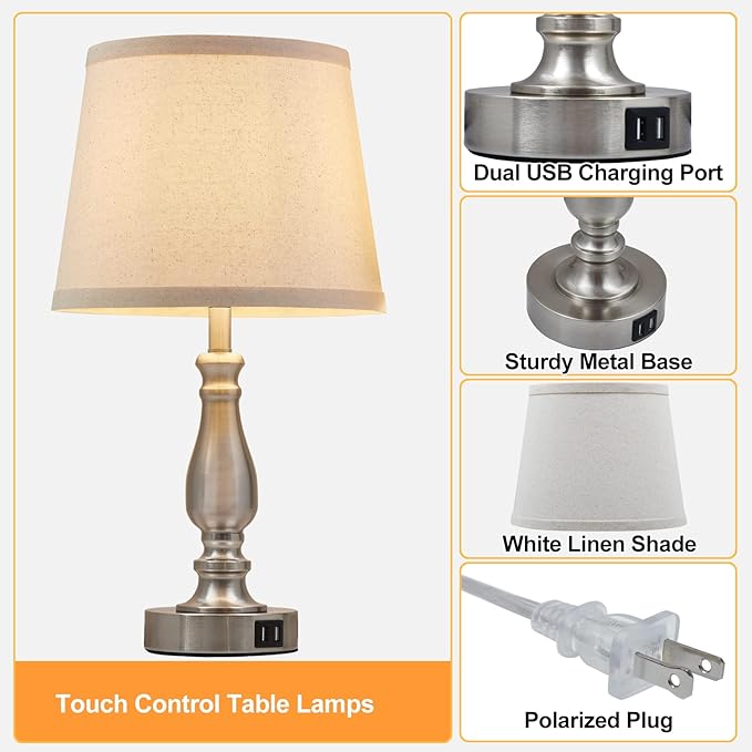 Lamps for Bedrooms Set of 2, Brushed Nickel Bedside Lamps with USB C+A Ports, 3 Way Dimmable Nightstand Lamps with Fabric Lampshade, Touch Table Lamp for Living Room Bedroom Office, Bulbs Included