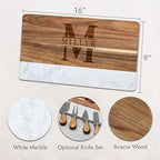 HomeWetBar Personalized Acacia Charcuterie Board | Custom 16" x 9" White Marble & Acacia Wood Cheese Board | Perfect Housewarming + Wedding + Couples Gift Idea