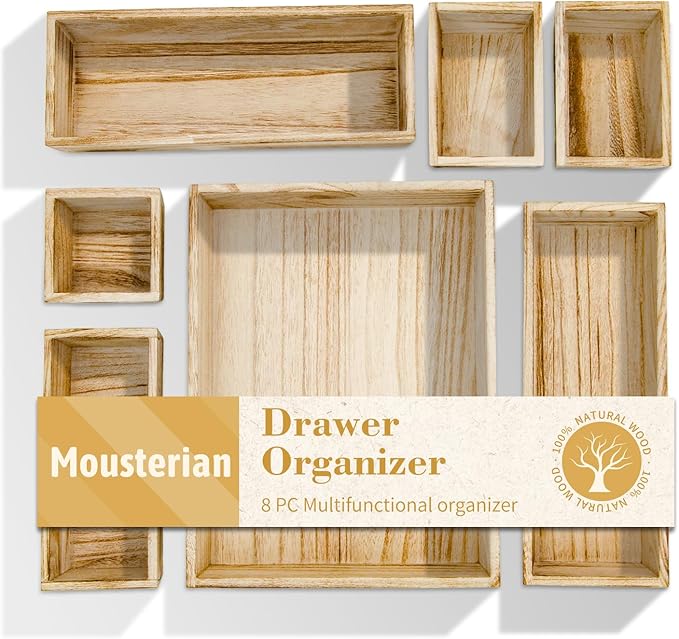 Rustic 8 Piece Wood Desk Drawer Organizer Tray, Nightstand Organizer, 4 Size Wooden Drawer Divider Organizer Set For Office Vanity Makeup Jewelry Bedroom Clothes Storage(Natural)