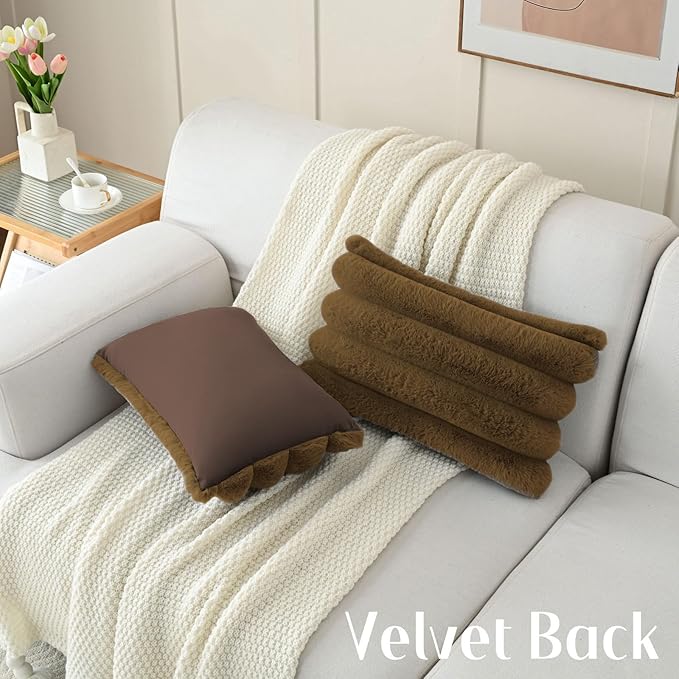 FUTEI Dark Coffee Decorative Throw Pillow Covers 12x20 Inch Set of 2, Square Soft Faux Rabbit Fur Big Striped Cushion Cover,Home Decor for Couch Sofa Bed Living Room