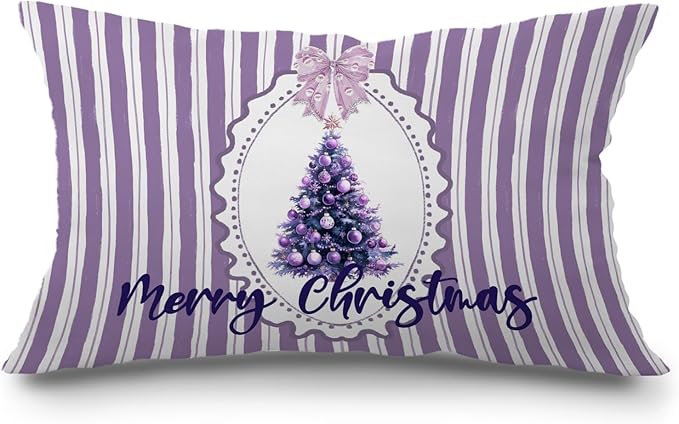 JINYO Coquette Purple Bow Christmas Tree Pillow Covers 12x20, Purple Christmas Decor, Preppy Girly Xmas Tree Bauble Striped Lumbar Pillow Covers for Girls Room Dorm Apartment
