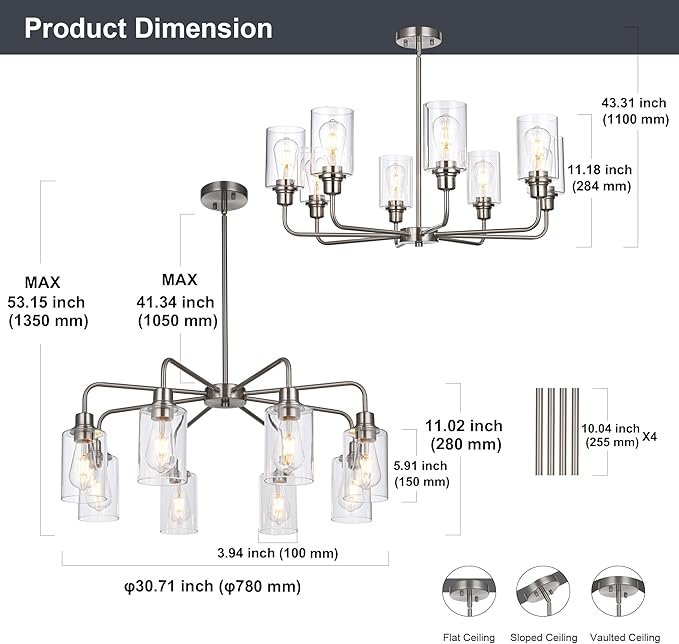 8-Light Brushed Nickel Chandelier with Clear Glass Shades, E26 Base Modern Pendant Light Fixture, Adjustable Swivel Heads Ceiling Lighting, Farmhouse Chandelier for Dining Room Kitchen Hallway