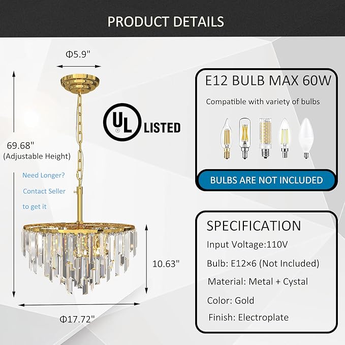 Gold Crystal Chandeliers Modern Contemporary Round Dining Room Chandelier 4-Tier 6 Lights Dimmable Top K9 Luxury Ceiling Hanging Pendant Light Fixture for Living Room Bedroom Foyer 18"