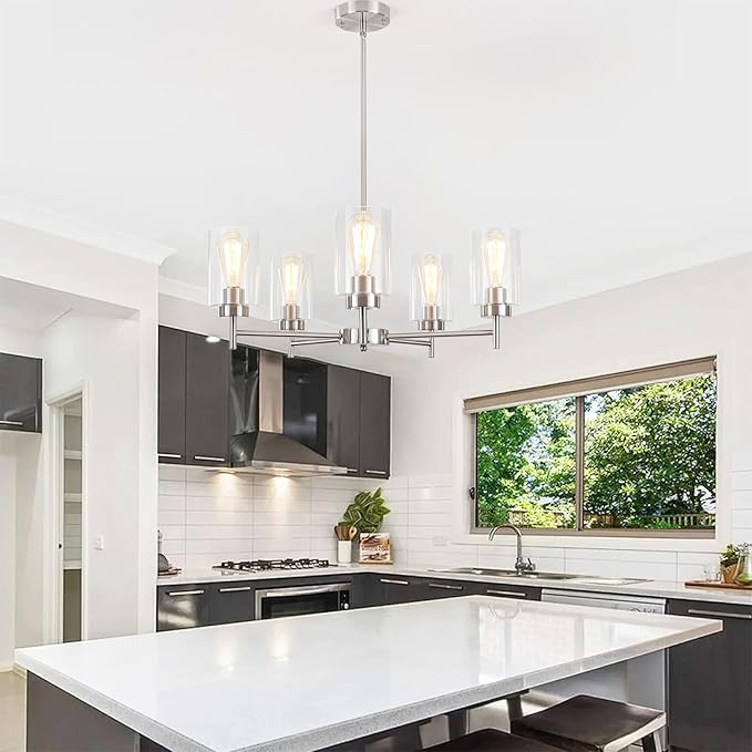 5 Lights Brushed Nickel Chandelier for Dining Room Light Fixture,24" Modern Farmhouse Pendant Lighting with Glass Shade Industrial Hanging Ceiling Light for Kitchen Island Entryway Foyer,E26