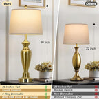 30" Tall Gold Table Lamps Set of 2, Touch Control Bedside Lamp with USB A+C Ports and AC Outlet, 3-Way Dimmable Modern Metal Nightstand Lamp for Bedroom Living Room, 2 LED Bulbs Included