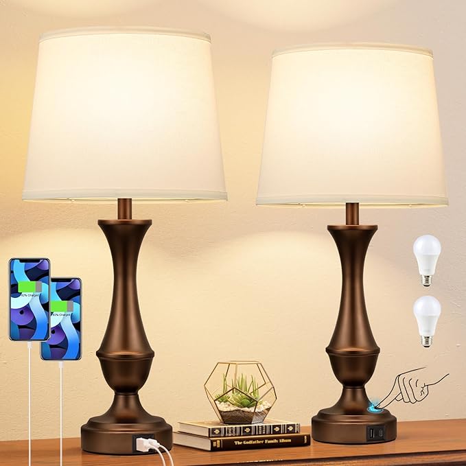 Upgraded Touch Lamps for Night Stands Set of 2 - Bedside Lamps with USB C+A, 3 Way Dimmable for Bedroom Living Room End Tables Office (White&Brown)