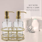 3 Piece Round Heavy Weight Glass Soap Lotion Pump Dispenser Set with Metal Caddy for Home Bath Kitchen Travel Office Hand Crafted Metal Tray Brushed Gold