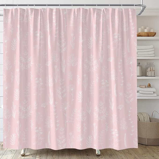 Pink Botanical Shower Curtain Vintage Herbs Floral Farmhouse Cute Boho Leaves Plant Retro Flowers Bathroom Curtain Set with Hooks(59" Wx70 H)