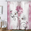 Rustic Farmhouse Shower Curtain, Farm Pink Daisy Floral Flowers and Butterfly on Country Wooden Shower Curtain for Bathroom, Pink Grey Bathroom Shower Curtains with 12PCS Hooks, 70X70IN