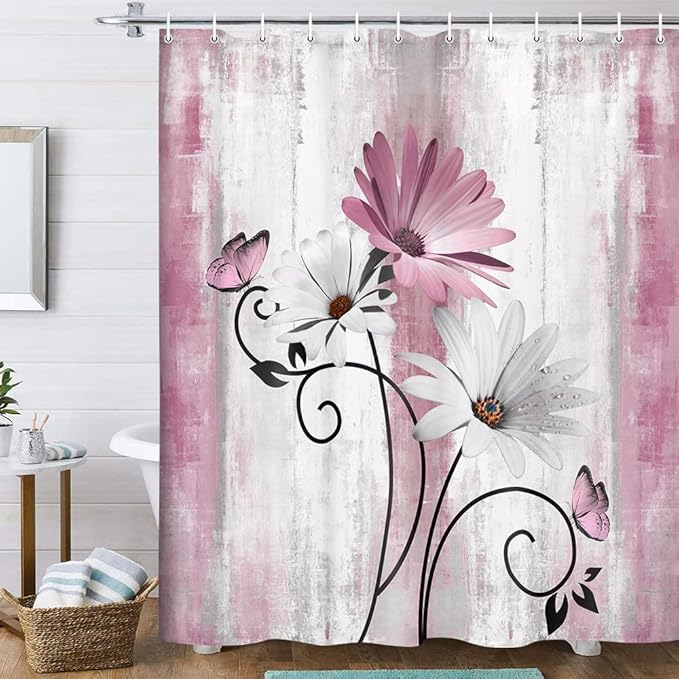Rustic Farmhouse Shower Curtain, Farm Pink Daisy Floral Flowers and Butterfly on Country Wooden Shower Curtain for Bathroom, Pink Grey Bathroom Shower Curtains with 12PCS Hooks, 60X70IN