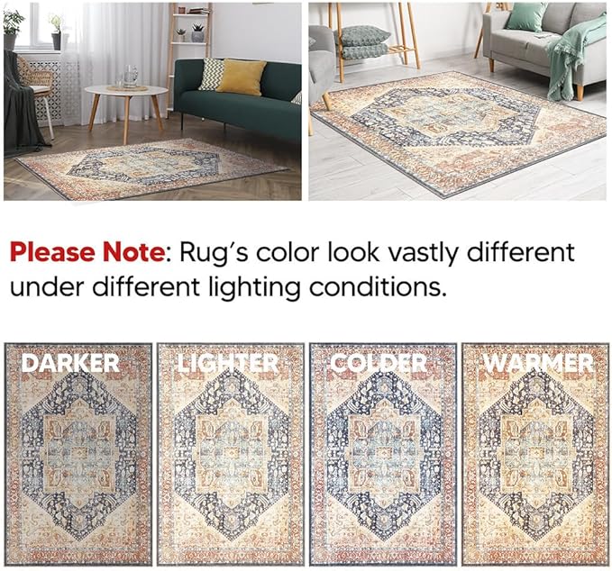 Keen Home Design 6x9 Rug - Machine Washable Area Rug with Non-Slip Backing, Ideal for Living Room, Dining Room, Bedroom - Vintage, Easy Clean, Durable, Low Pile Rug - (6' x 9')