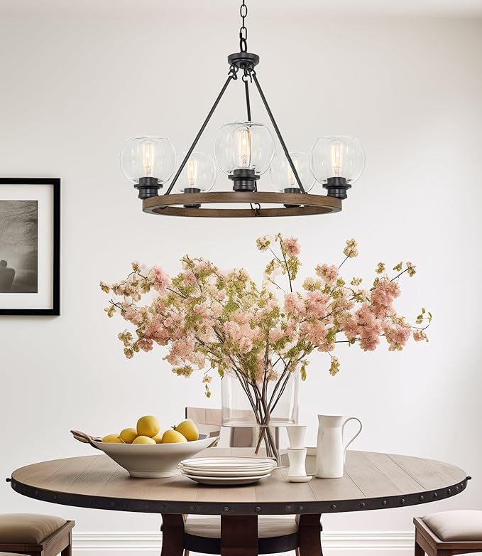 Kira Home Elwood 25" 5-Light Industrial Rustic Farmhouse Wagon Wheel Chandelier + Clear Glass Globe Shades, Smoked Birch Finish