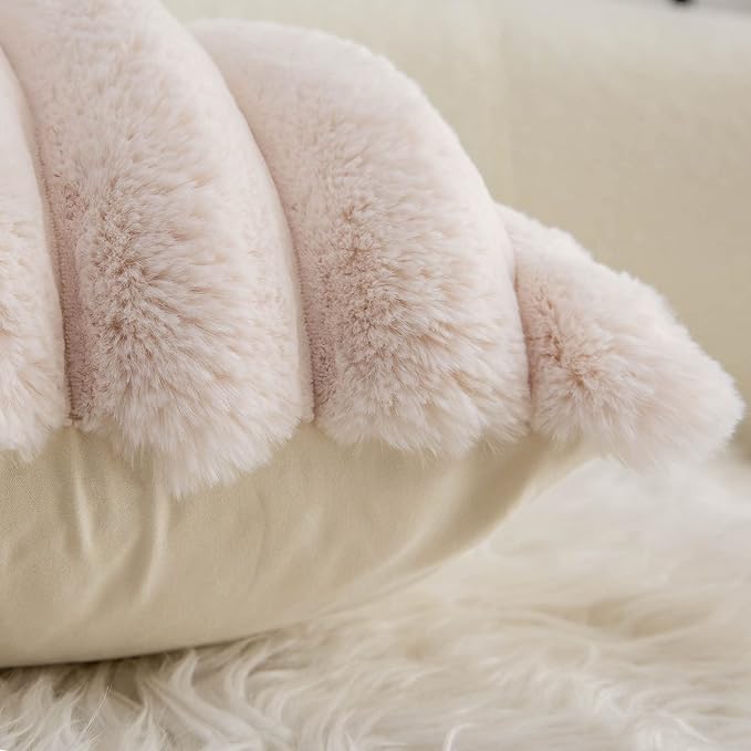 Neelvin Beige Faux Fur Cozy Soft Striped Decorative Throw Pillow Covers 12x20 inch Set of 2,Velvet Pillowcase Cushion Case for Sofa Couch