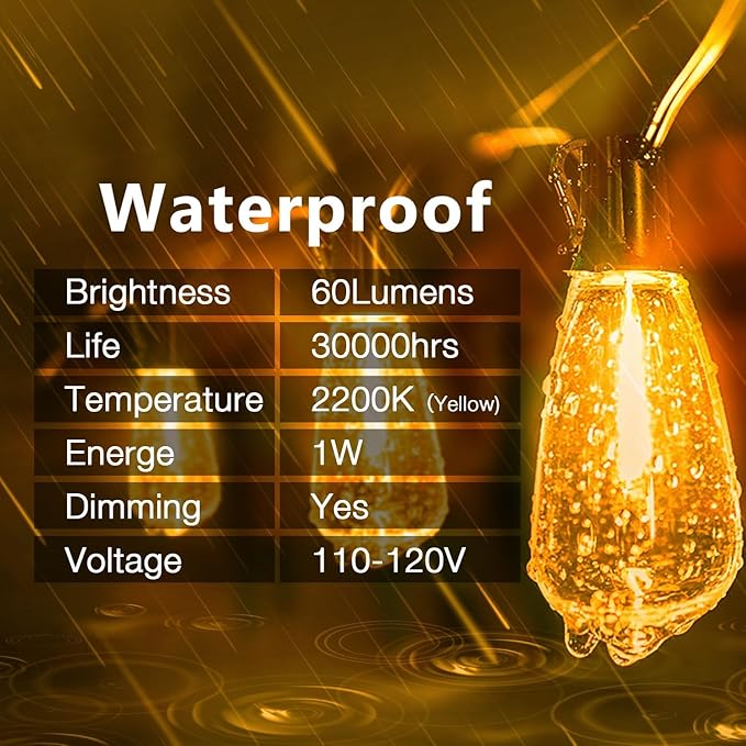 DAYBETTER 120FT Outdoor String Lights Waterproof 60 pcs Warm White LED Bulbs 2700K for Patio, Yard, Garden & Holiday Decor Durable Weatherproof Lights for Parties, Weddings, Backyard Lighting