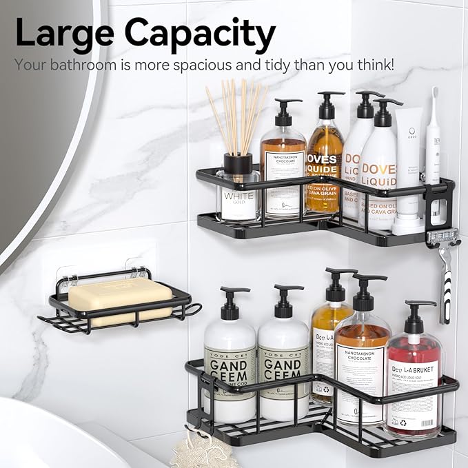 YASONIC Corner Shower Caddy Organizer, 3-Pack Adhesive Rustproof Stainless Steel Shower Shelves with Soap Holder, No Drilling Shower Storage Rack for Family Renters Bathroom, Black
