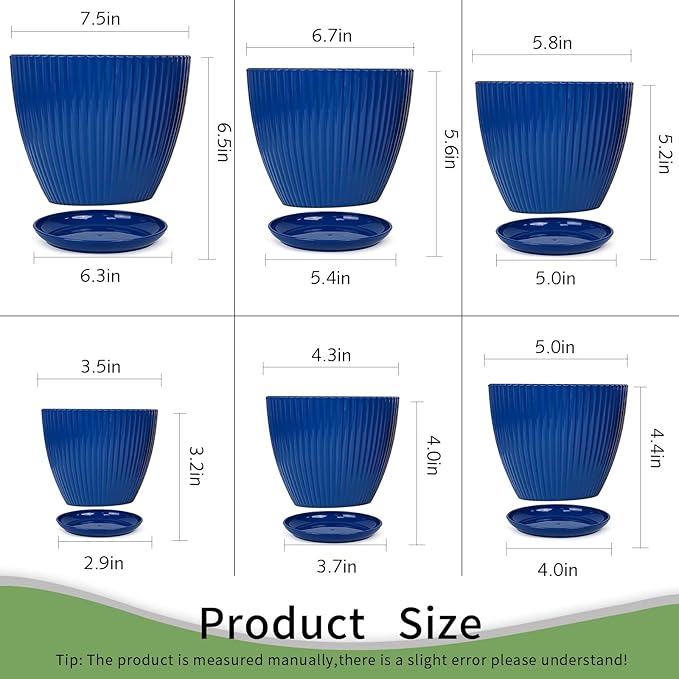 6pcs Plastic Flower Pots, 7.5/6.6/5.8/5.0/4.3/3.5 inches, Indoor/Outdoor Home Decoration, Thick and Durable, with Drainage Holes and Trays