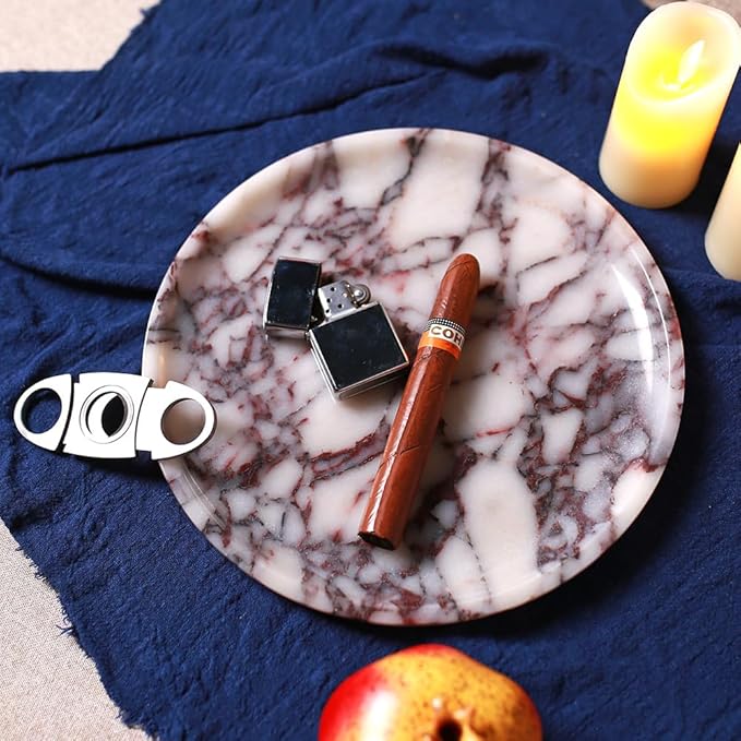 Natural Marble Tray, Coffee Table, Food, Fruit, Paper Cup, Cake Display, Coffee bar, Family Gatherings, Seasonal Holiday Decoration Tray(Viola-Circular-9.8"x9.8"x0.7")