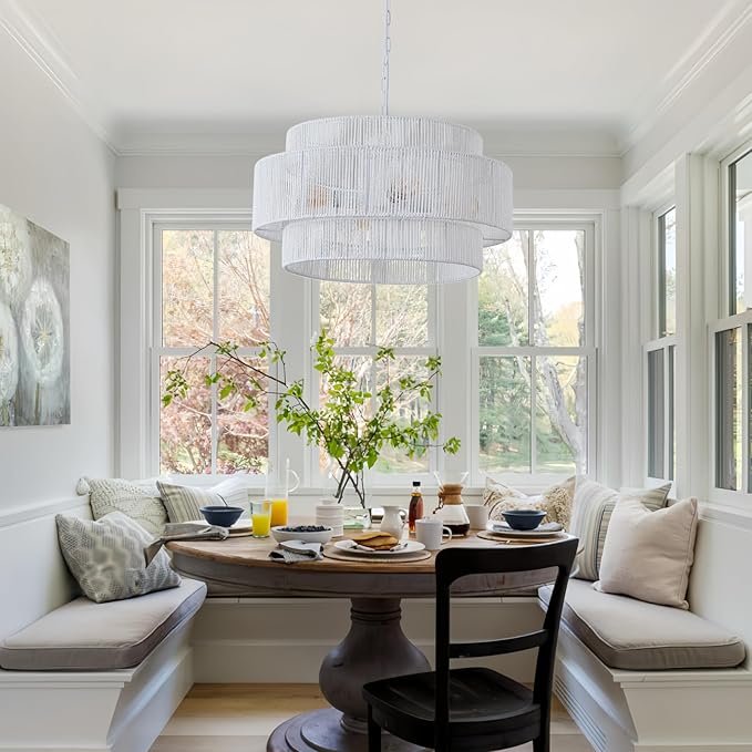 3-Tier Large Rattan Chandelier, 22.8in White Boho Coastal Pendant Lights, Woven Hemp Rope Hanging Ceiling Lights, Wicker Lighting Fixture for Kitchen Island, Dining Room, Living Room
