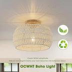 Boho Ceiling Light Fixtures Cream White Rattan Chandelier Light Small Rattan Flush Mount Ceiling Light Hand-Woven Chandelier for Nursery Light Fixture Kitchen Farmhouse Bedroom Chandeliers