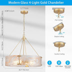 XINGQI 4-Light Modern Gold Glass Chandelier Round Water Ripple Pendant Lighting Fixture for Dining Room Living Room Kitchen Island Office Elegant French Chandeliers