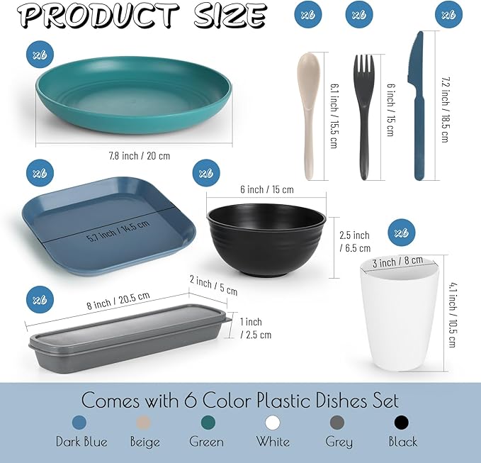 48 Pcs Wheat Straw Dinnerware Sets, Unbreakable Dinnerware Set, Reusable Wheat Straw Plates and Bowls Set for 6, Camping Mess Kit for Travel,Camping Essentials,Picnic,Home,Party