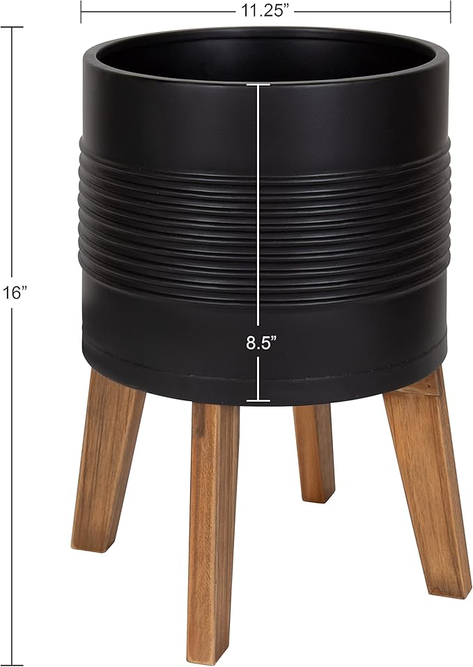 Kate and Laurel Gavri Farmhouse Freestanding Indoor Planter; 11.25 Inch Diameter; Black and Rustic Brown; Decorative Plant Stand with Wood Base and Iron Pot