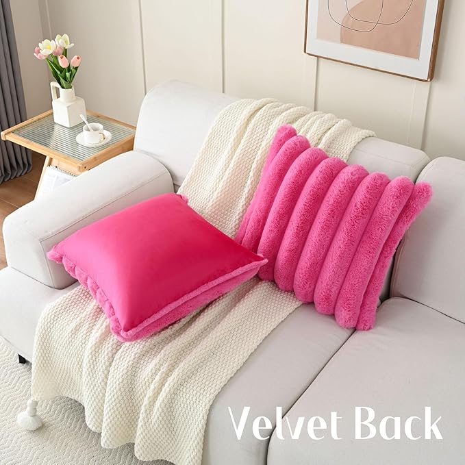 FUTEI Hot Pink Decorative Throw Pillow Covers 18x18 Inch Set of 2, Square Soft Faux Rabbit Fur Big Striped Cushion Cover,Home Decor for Couch Sofa Bed Living Room