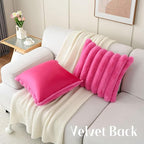 FUTEI Hot Pink Decorative Throw Pillow Covers 22x22 Inch Set of 2, Square Soft Faux Rabbit Fur Big Striped Cushion Cover,Home Decor for Couch Sofa Bed Living Room