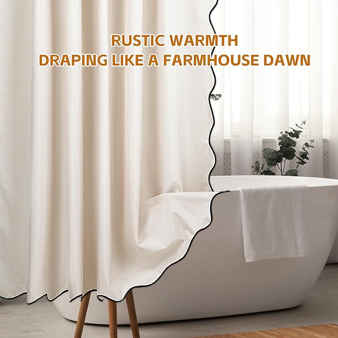 Beige Scalloped Edge Shower Curtain Linen Textured with 12 Metal Hooks Cute Heavy Duty Washable Waterproof Neutral Thick Extra Long Chic Shower Curtain Sets for Hotel Bathroom 72x84 inches