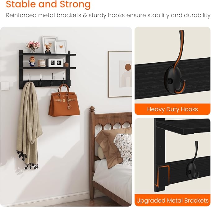 Homode Coat Rack Wall Mount, 2 Tier Wall Shelf with Hooks, 17" Wooden Coat Hanger with Shelf Entryway Key Holder, Floating Shelves for Hanging Hats Keys Towels Jackets Purse Backpack, Black