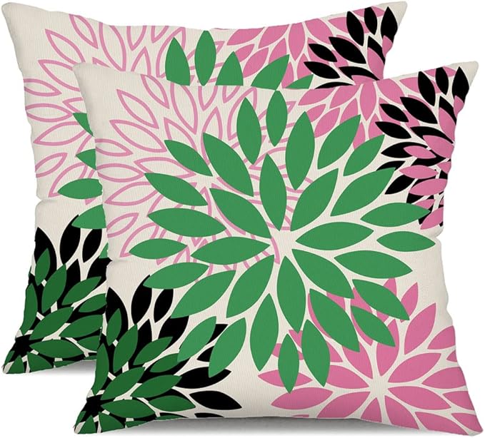 DFXSZ Green Pink Black Flower Pillow Covers 18x18 Inch Set of 2 Outdoor Throw Pillows Outdoor Waterproof Decor for Living Room Sofa Patio Funiture Garden Floral Polyester Pillow Covers 012B18