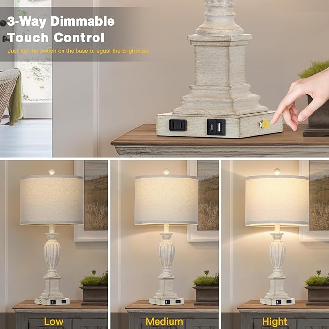 27" Farmhouse Table Lamps Set of 2 with USB C+A Ports & AC Outlet for Vintage Living Room Retro Bedroom,3-Way Dimmable Touch Lamp Resin Bedside Lamps for Nightstand Side End Table,Cream