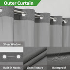 No Hooks Needed Linen Textured Shower Curtain with Snap-in Fabric Liner Set,Hotel Luxury Decor Waterproof Shower Curtains for Bathroom with Mesh Top Window,Washable,71Wx74H,Charcoal Grey