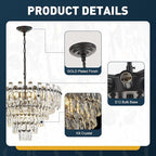 6-Tiers Modern Crystal Chandelier Black 12-Light 23.6'' Contemporary Round Pendant Chandeliers Light Luxury Ceiling Hanging Lighting for Living Dining Room Bedroom Kitchen Island Foyer