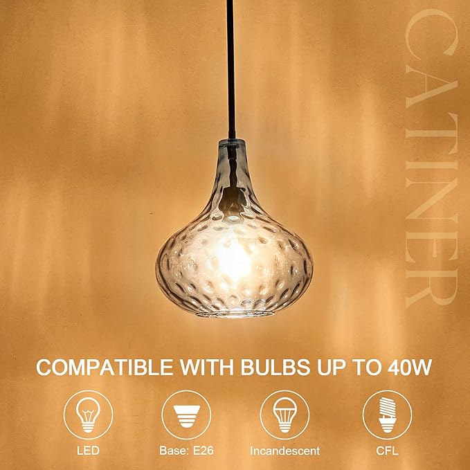 11" Hand-Blown Blue Glass Pendant Light, Modern Hammered Glass Hanging Light Fixture with Black Finish, Adjustable Ceiling Pendant Lighting for Kitchen Island, Dining Room, Living Room