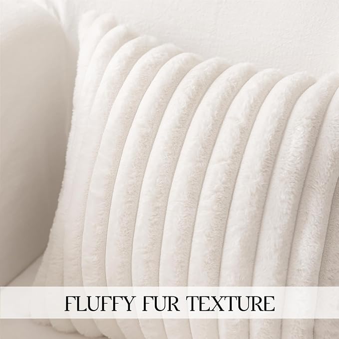 MOSAYT Faux Fur Throw Pillow Covers 20x20, Set of 2, Plush Velvet Soft Pillow Case,Fluffy Striped Decorative Couch Pillow Covers for Sofa, Bedroom, Living Room(White)