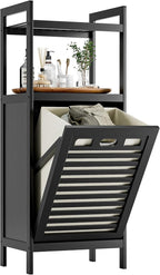 HITNET Tilt Out Laundry Hamper, Bamboo Bathroom Cabinet with Pull Out Removable Bag and 2 Tier Storage Shelves, 8.5 Gallon Clothes Basket with Metal Handle, Black