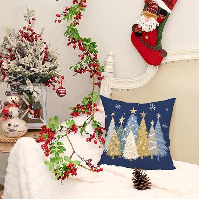 AACORS Christmas Pillow Cover 20X20 Inch Watercolor Christmas Tree Stars Decoration Holiday Farmhouse Winter Pillow Case for Sofa Couch Decor（Blue） AA608-20